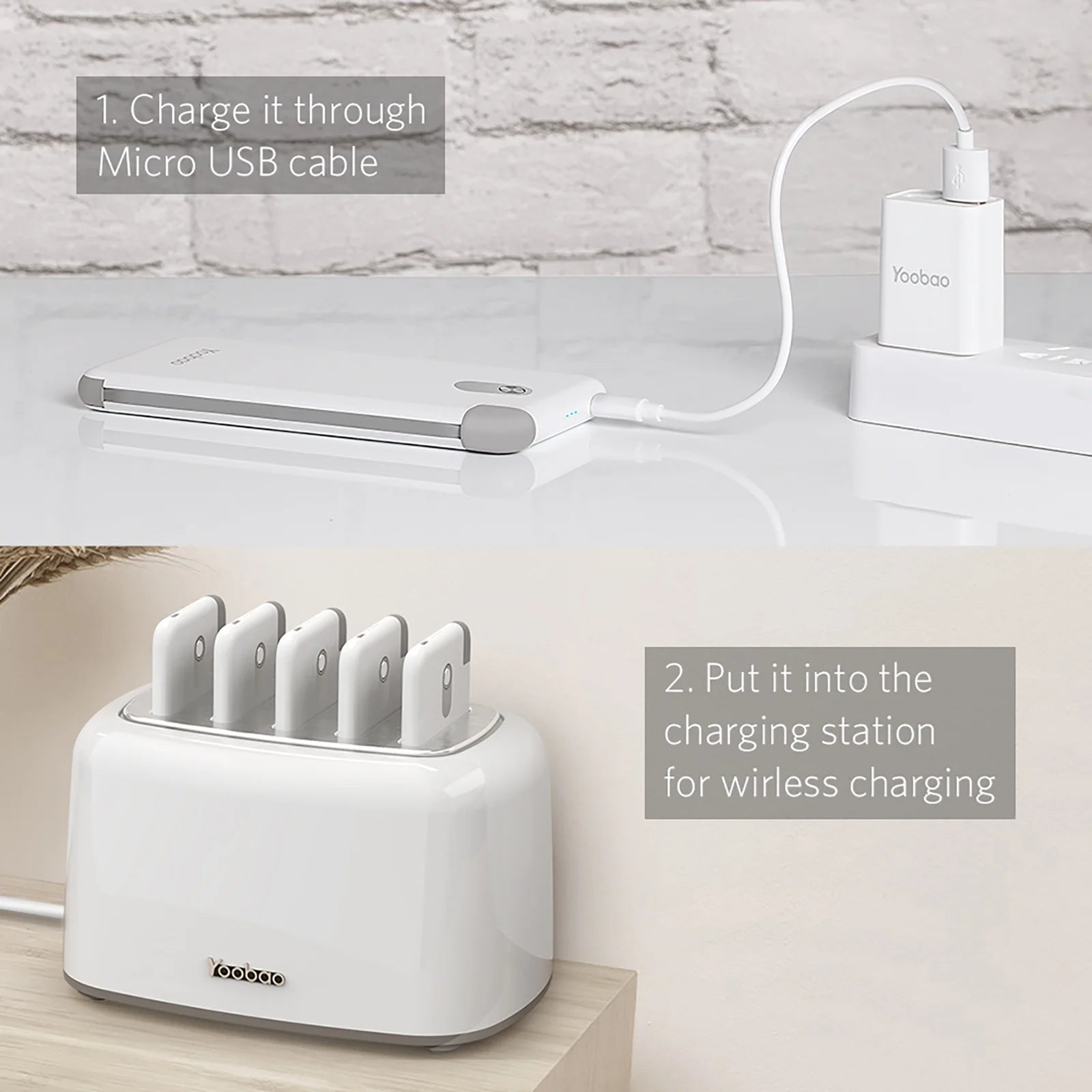 Wireless Charging Station with 5PCS Power Bank, 10000Mah Portable Charger with Built in Cable Compatible with Iphone/Samsung/Android for Home, Office, Bar, Restaurant (White)